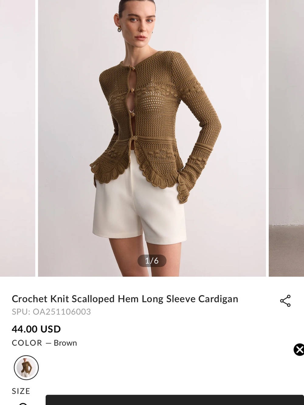 Commense Brown Crochet Scalloped-Hem Long Sleeve Cardigan